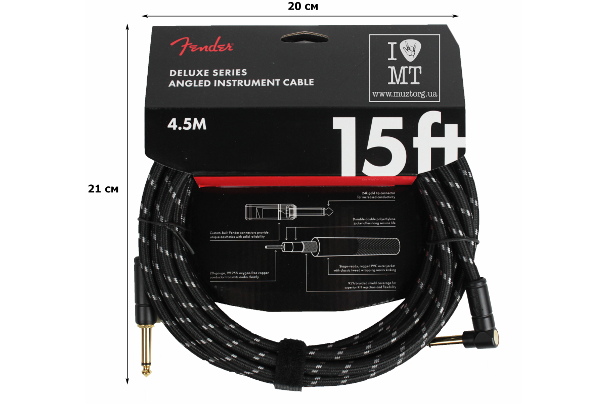 Кабель інструментальний FENDER CABLE DELUXE SERIES 15' ANGLED BLACK TWEED