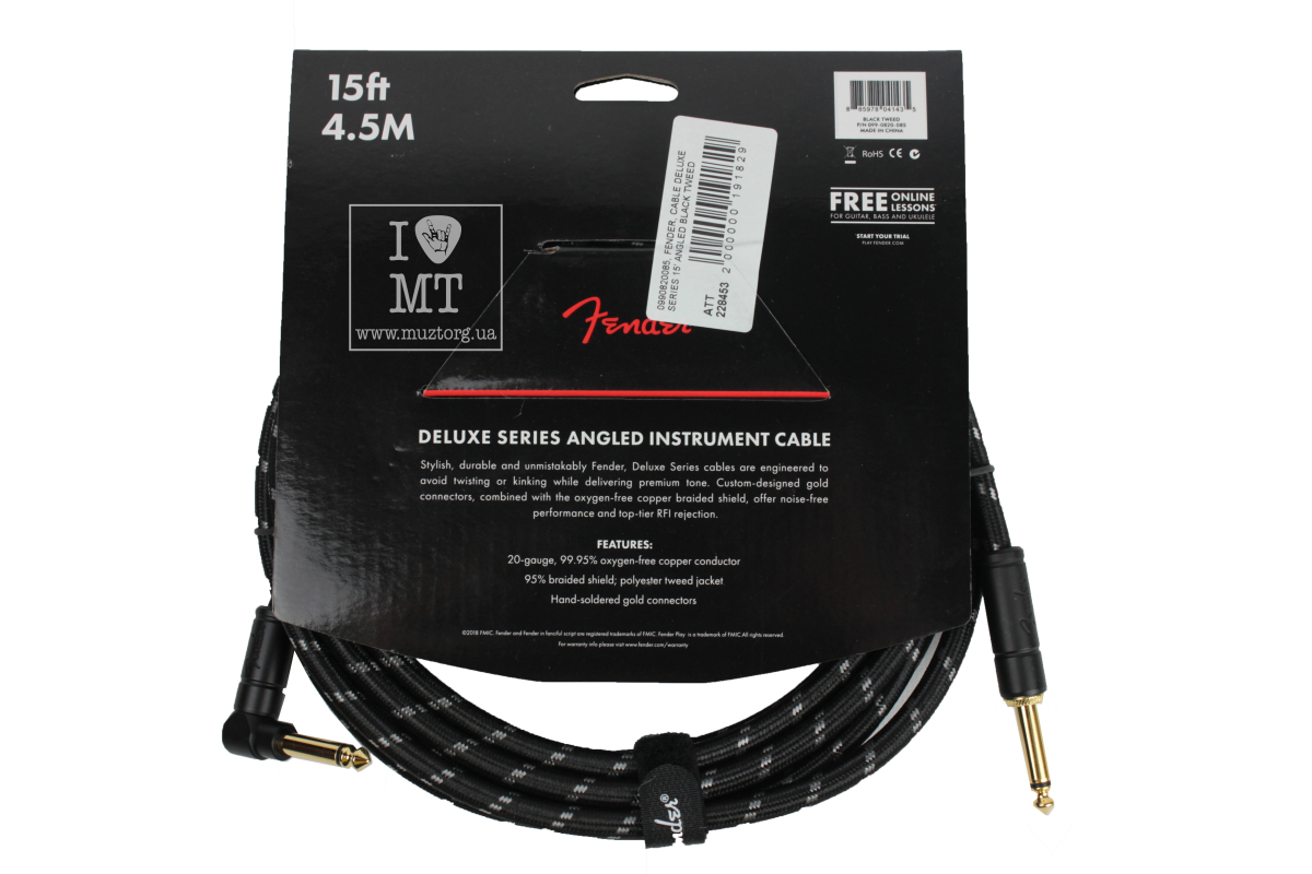 Кабель інструментальний FENDER CABLE DELUXE SERIES 15' ANGLED BLACK TWEED