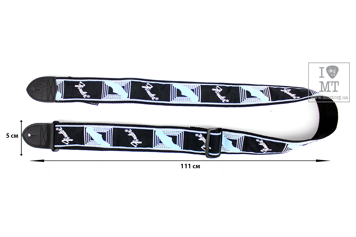 Ремінь гітарний FENDER STRAP 2" MONOGRAMMED BLACK LIGHT GREY MEDIUM BLUE