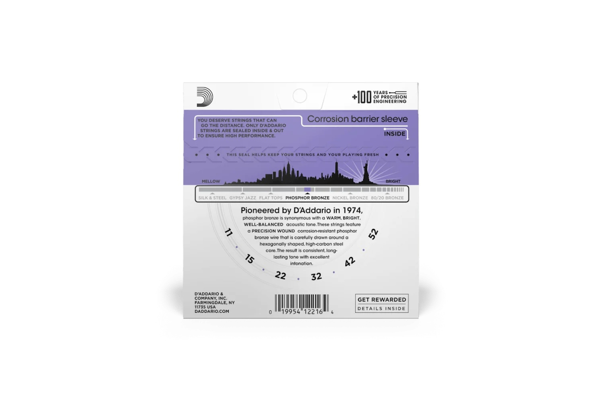 Струни для акустичних гітар D’ADDARIO EJ26 PHOSPHOR BRONZE CUSTOM LIGHT 11-52
