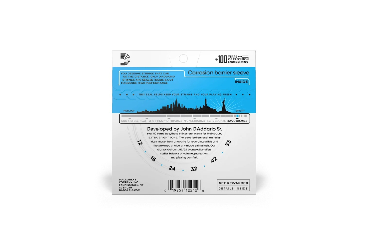 Struny do gitar akustycznych D’ADDARIO EJ11 80/20 BRONZE REGULAR LIGHT 12-53