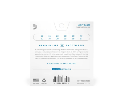 Struny do gitar akustycznych D’ADDARIO XSAPB1047-12 XS PHOSPHOR BRONZE EXTRA LIGHT 12-STRING 10-47